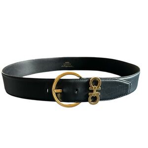 Salvatore Ferragamo Double Gancini Belt in Navy Blue Gold Tone Buckle